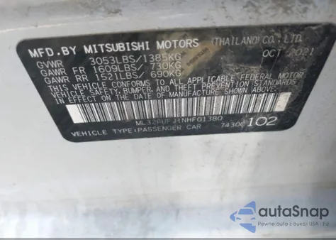 2022 Mitsubishi Mirage G4 Es z USA, uszkodzony, nr VIN ML32FUFJ1NHF01380